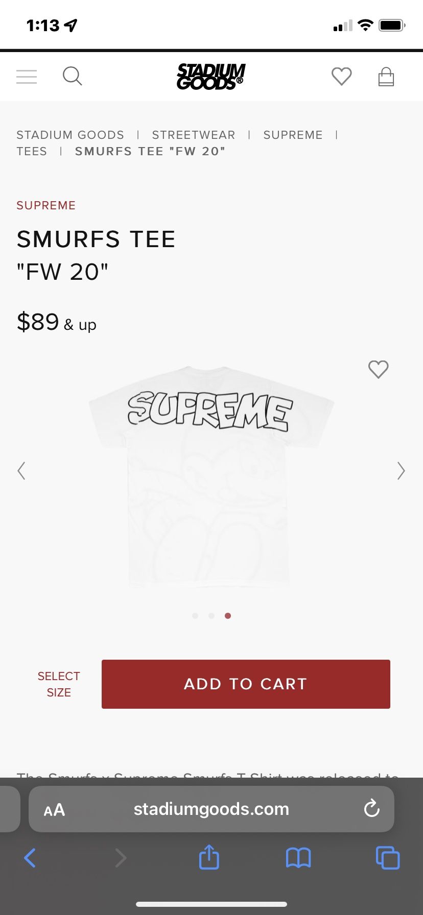 Supreme Smurfs White Tee “FW20” XL 