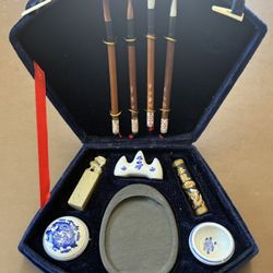 $25 Art Craft Chinese Calligraphy Set Vintage Silk Embroidered Kit Box Brushes