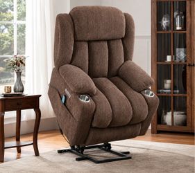 Oversized Polyester Power Lift Assist Recliner Chair with Massage and Heat for Elderly, Brown