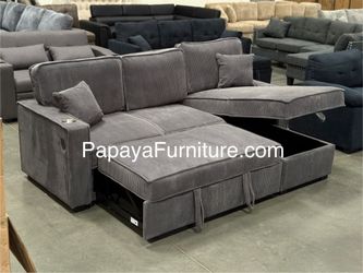 NEW Sectional Sofa with Reversible STORAGE Chaise and Pullout Sleeper Bed Left or Right Chaise Cup holder USB Port Ashley Style Dark Grey Fabric SALE