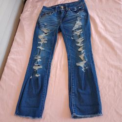 American Eagle Women sz 2 Jeans Distressed Medium Wash Artist Crop Super Stretch