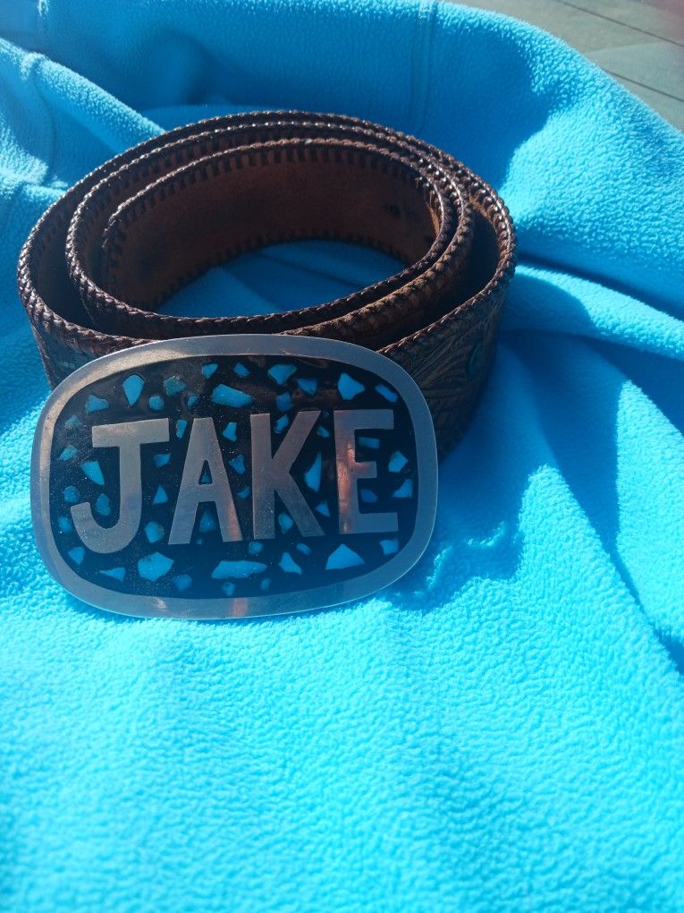 Sterling Silver Turquoise And Onyx Personalized JAKE belt Buckle And Leather Personlized JAKE belt