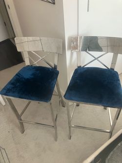 Set of 2 Chrome Bar Stools with Blue Velvet Seats