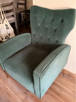 Green Velvet Tufted Wingback Accent Chair + matching velvet storage tuft ottoman