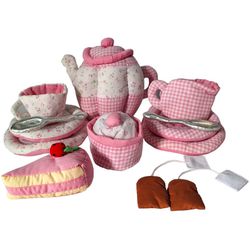 Vintage Lillian Vernon Soft Fabric Plush Tea Party Set Kettle Spoons Soft Baby Toys Pretend Play