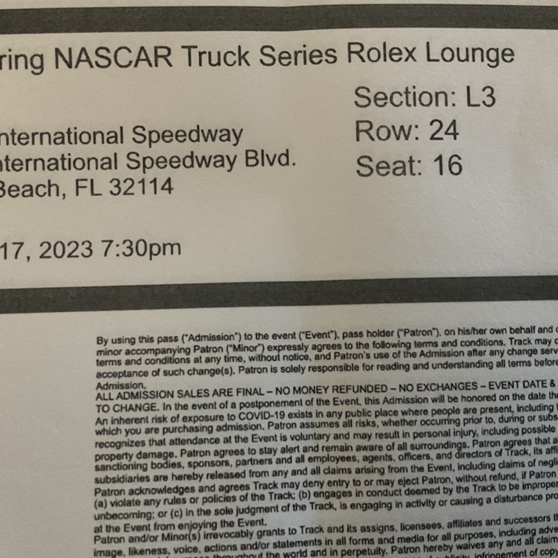 Nascar - Rolex Club -Truck Race On  Friday-2/17/23 - Nextera Energy 250