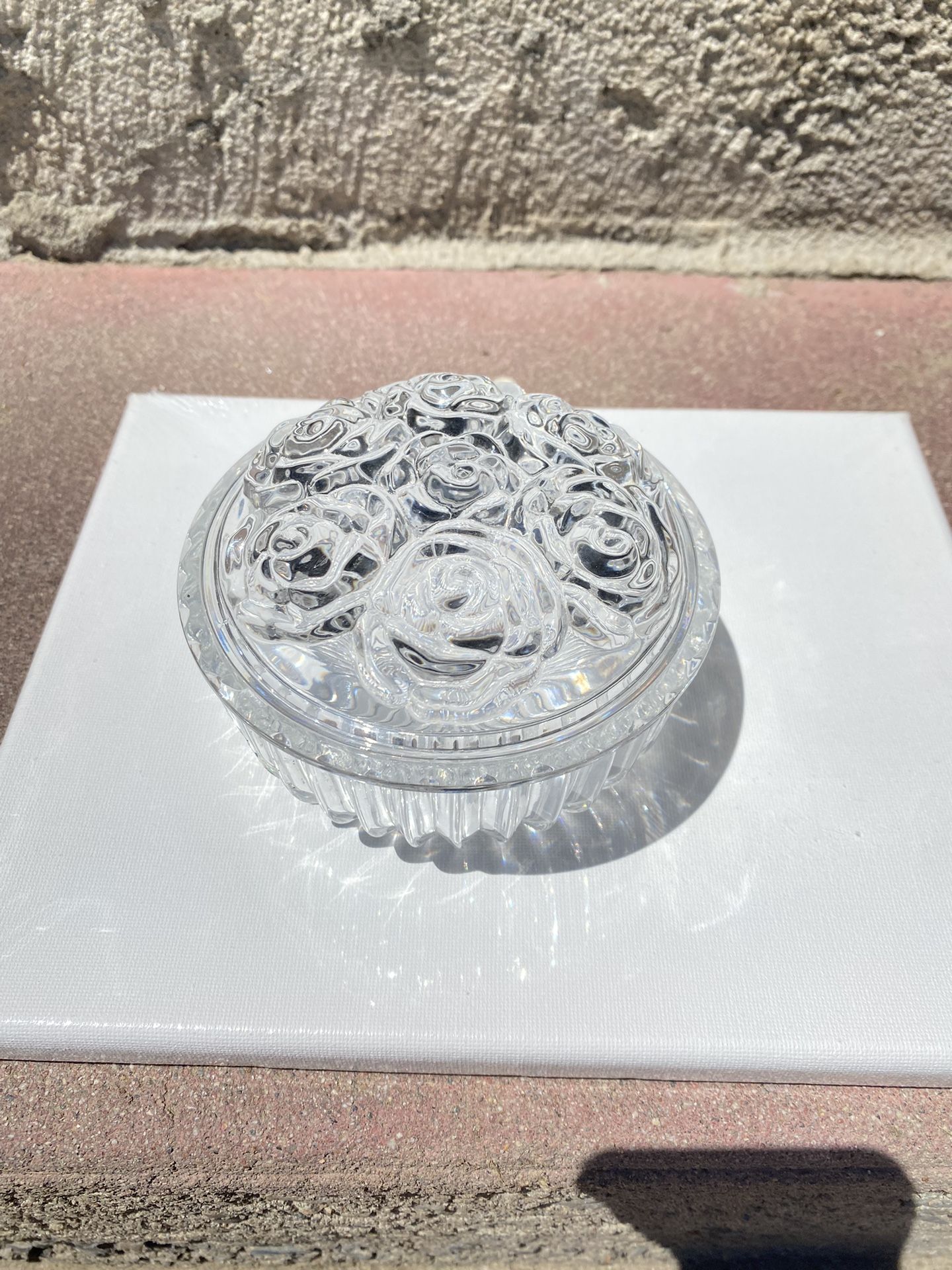Clear Pressed Glass Trinket Bowl With Lid Roses Design