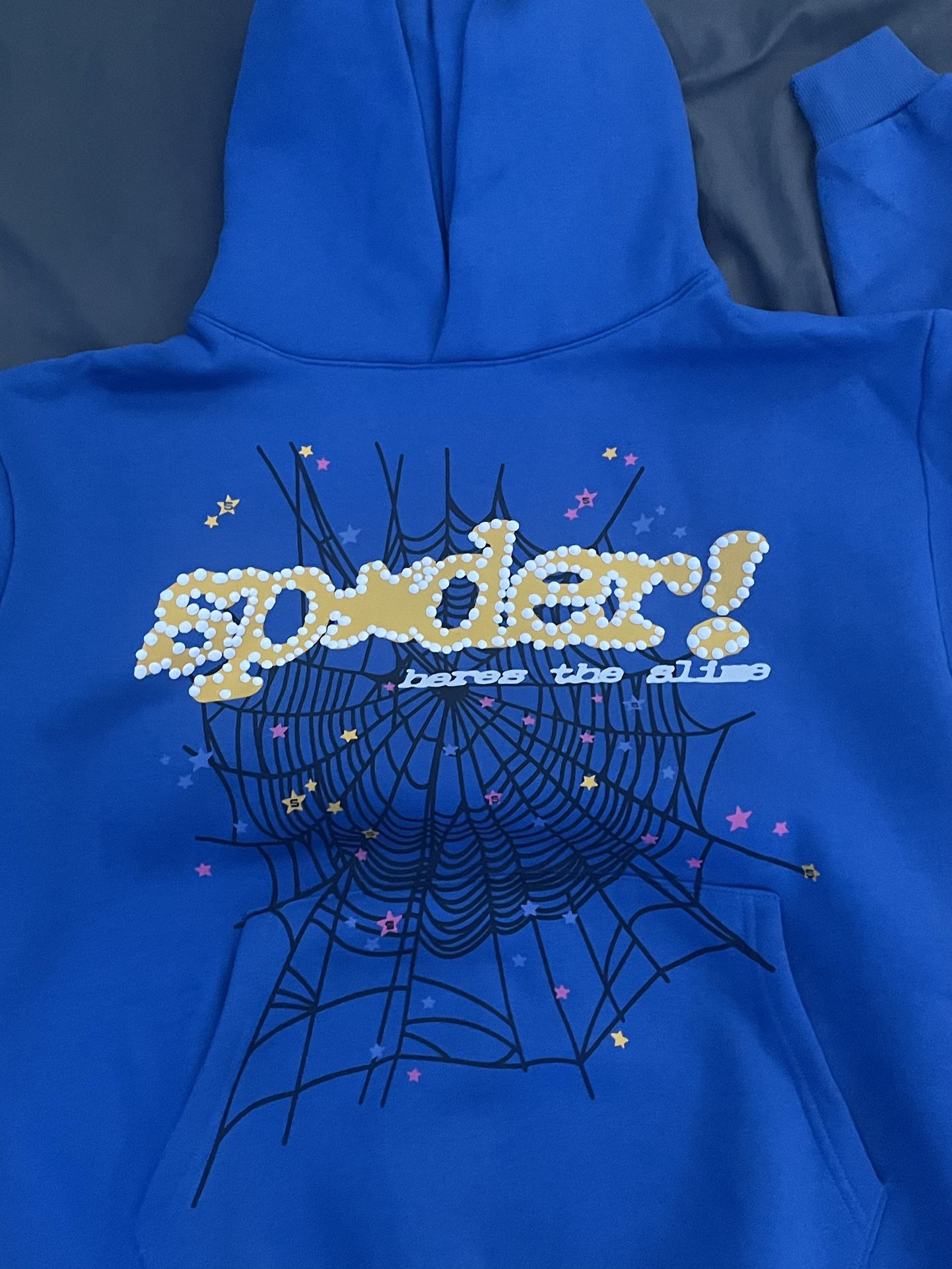 Blue and yellow Sp5der hoodie