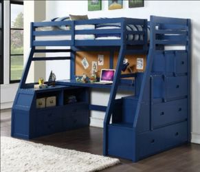 Brand New Blue Twin Size Loft Bed w Staircase + Workstation