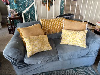 Free: Two couches, dishes, floor lamp and desk.