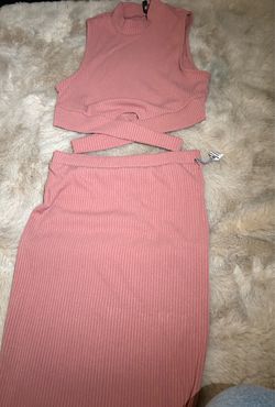 Pink Ribbed Crop Top and Skirt Set