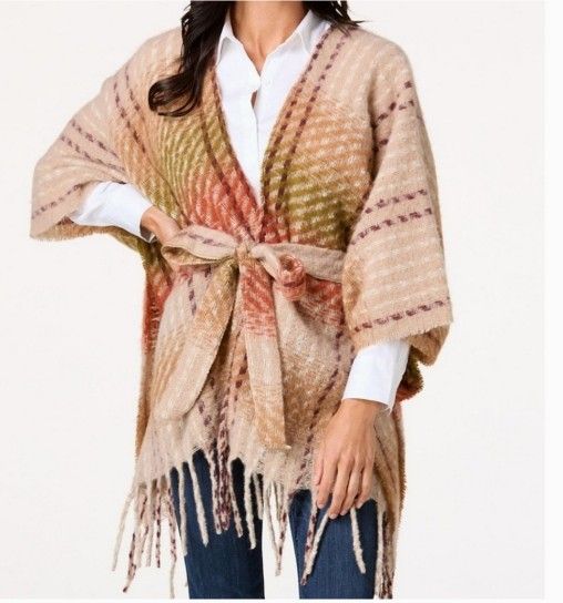 Vince Camuto Fringe Belted Waist Poncho Sweater Plaid Wrap Shaul O/S