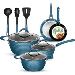 NutriChef 11 Pc Ceramic Cookware Set - Excilon Blue Diamond, Nonstick, Induction Ready, Includes Saucepan, Fry Pans, Dutch Oven, Utensils, Dishwasher 
