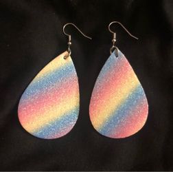 NEW Pastel Sparkle Rainbow Glitter Faux Leather Teardrop Dangle Earrings