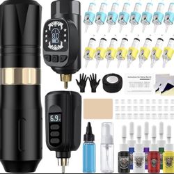  Gun Kit Wireless Tattoo Machine Pen Kit with 2 Batteries 16 Cartridge Needles 7 Ink Colors for Complete Rotary Tattoo Supply 