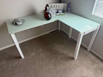 L-Shaped Glass Top Desk White Frame