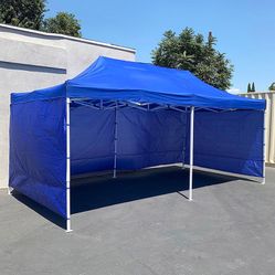 (New in box) $225 Heavy Duty 10x20 FT Canopy (with 4 Sidewalls) Ez Pop Up Outdoor Party Tent w/ Carry Bag (White/Blue)