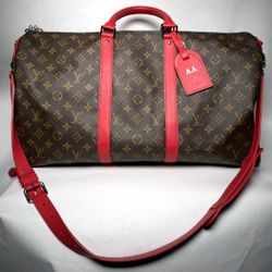 LOUIS VUITTON Keepall 50 Bandoulière Monogram Canvas Travel Bag Red RFID CHIP