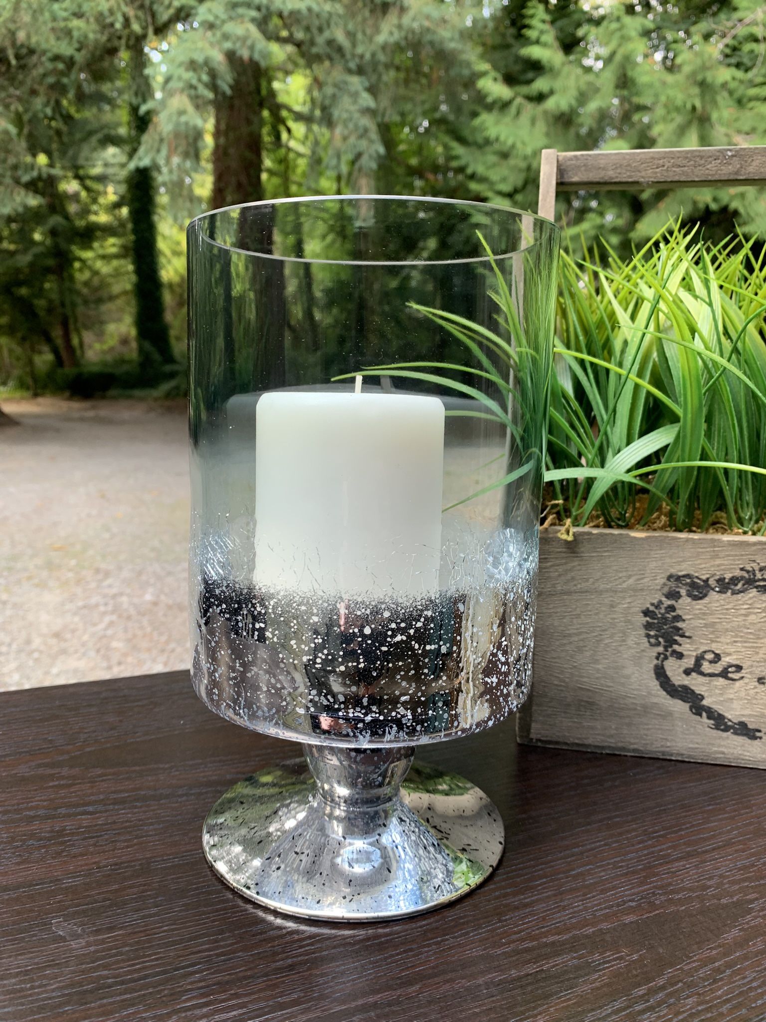 Candle, Candle Holder, Hurricane Round 5.25 Tall 9.25 has a blue tint