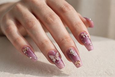 Brand New Mauve Gradient Press-On Nails with Butterfly & Bow Crystals - Size M