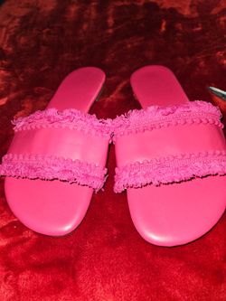 Hot Pink Slide Sandals with Fringe Detail