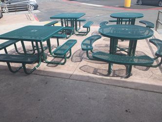 Four Metal Patio Tables and Benches