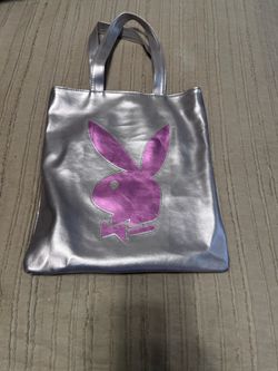 Playboy Vintage Metallic Bunny Rabbit Tote Bag Purse Pink Lining 14x12”
