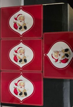 Pottery Barn Santa Cork Placemats - Set of 4 - feat. Retro-Style Santa & Mouse