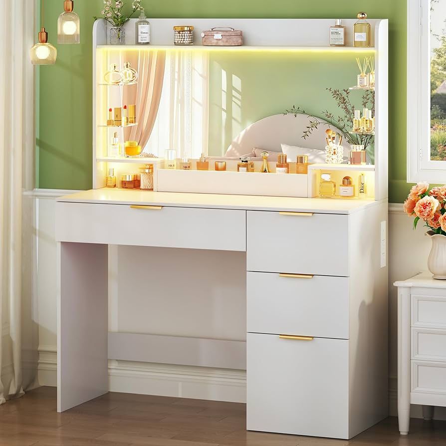 Vanity Desk with Mirror and Lights, Makeup Vanity with Lights, 3 Color Lighting Modes, Vanity Desk with Large Mirror & 4 Storage Drawers & Acrylic She