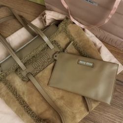 Miu Miu Shearling Tote Bag Beige with Pouch