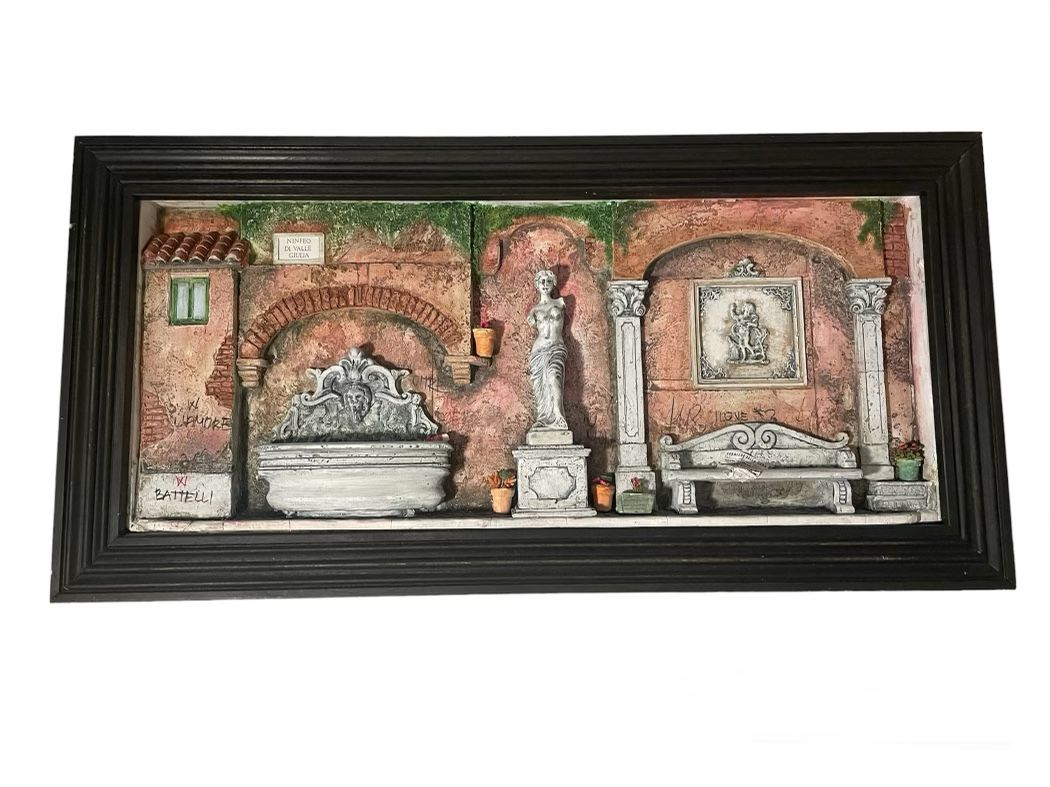 Handmade-Multi-material bas-relief painting, watercolor on plaster, "Ninfeo di Valle Giulia" by Fausto Battelli