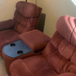Two La-Z-Boy recliners with console