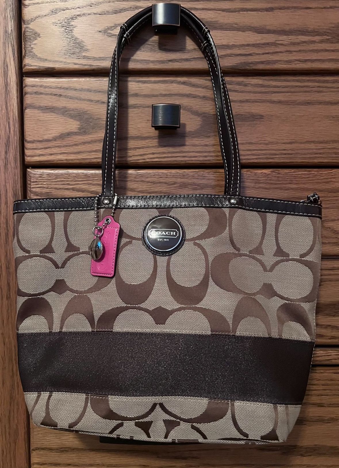 COACH Signature Tote Khaki/Mahogany Brown Shoulder Bag Purse