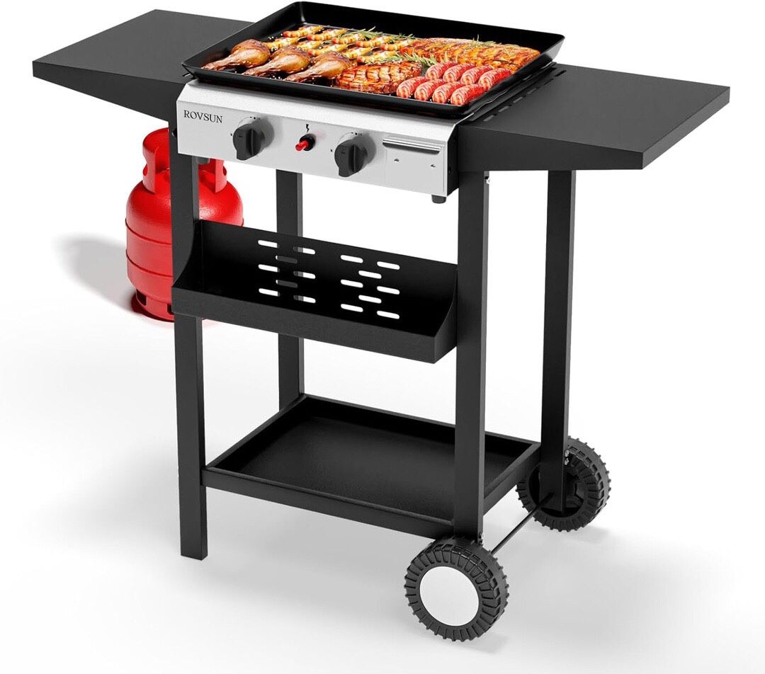 2 Burner Portable Propane Griddle with Nonstick Enameled Tray, 20000 BTU Rolling Flat Top Gas Grill with Electronic Ignition, Side Shelves & Regulator