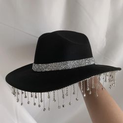 Cowboy Cotton Felt Black Hat Fringe Bling Bling