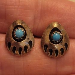 Native American Navajo Sterling Silver Turquoise Bear Paw Earrings