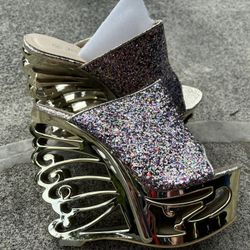 New Size 7 Women’s High Heel Block Gold Glitter Wedding Event Shoes 