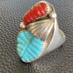 Custom Turquoise And  Coral Ring On .925 Silver