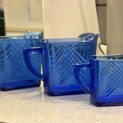 Pitcher & Creamer Vintage Hazel Atlas Chevron and Moderntone Vintage Royal Cobalt Blue Glass Creamers or Pitchers