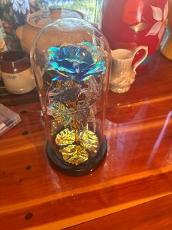 Iridescent Blue Rose Glass Dome Display