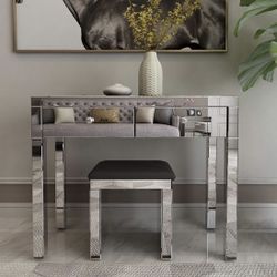 New Glass Mirrored Vanity Table Entry Table Desk With Stool 