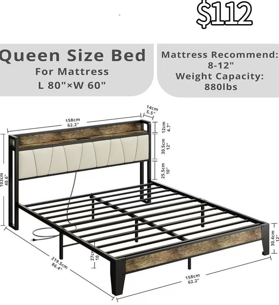 😀 Queen Size LIKIMIO Bed Frame, Storage Headboard with Charging Station, Solid and Stable, Noise Free, No Box Spring Needed, Easy Assembly