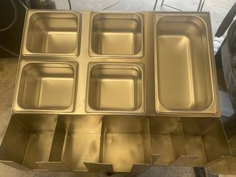 stainless-steel countertop prep/condiment station with five removable food pans