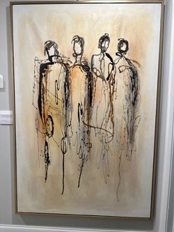 Harp & Finial Troupe Framed Canvas Art Features abstract figures | Brushed Gold Frame Large 6 feet H and 4 feet W