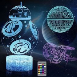 3D Illusion Night Light for Kids, LED Desk Lamp 3 Pattern & 16 Color Change Decor Nightlight, Death Star/BB-8/Starships Toys As Best Gifts for Kids an