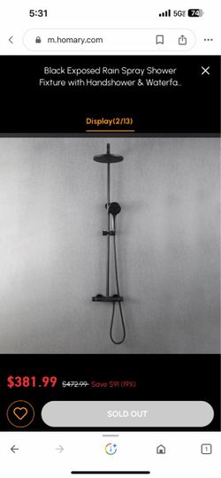 Black Exposed Rain Spray Shower Fixture With Handshower & Waterfall Tub Spout Sh27