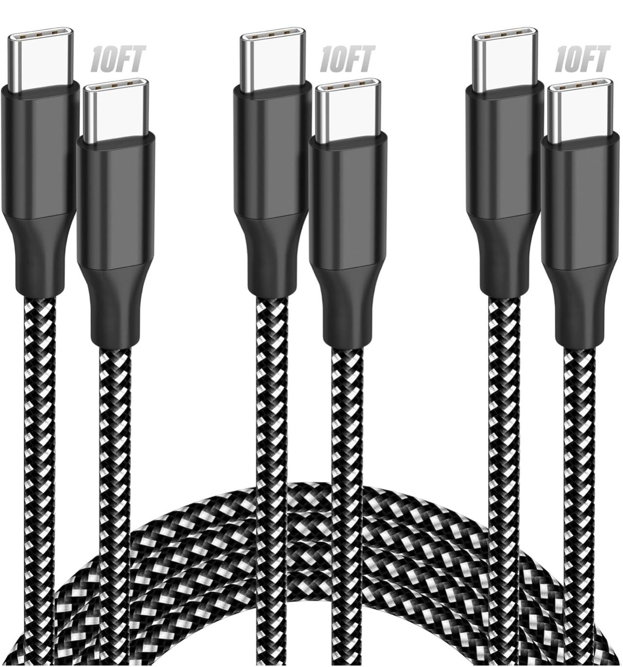 USB C Cable Fast Charging, 3 Pack 10FT USB C to USB C Cable, 60W Type C Nylon Braided Charger Cable for iPhone 16/15/iPad MacBook CarPlay and More-(Bl