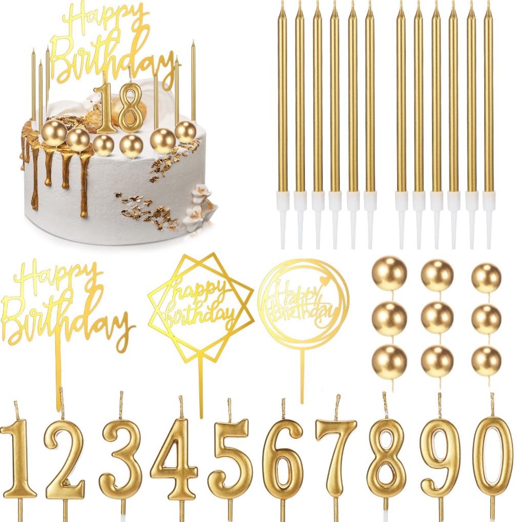 Yerliker 34 Pcs Happy Birthday Cake Toppers Decorations Birthday Candles DIY Cake Decor For Men Women Wedding Anniversary(Gold)