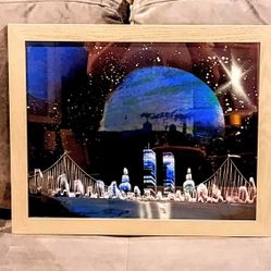 1990s NEW YORK CITY TWIN TOWERS  FUTURISTIC SKYLINE WITH BROOKLYN BRIDGE & CELESTIAL PLANET & STARS TEXTURED PAINTING  RAYS PAINTINGS / RAYMOND MARCUS