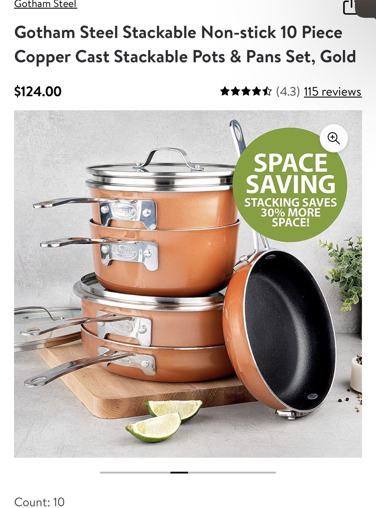 Stackable Non-stick 3 Piece Copper Cast Stackable Pots & Pans Set, Gold